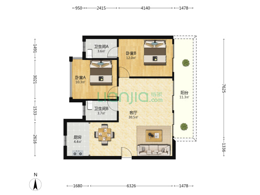 建发和鸣 2室1厅2卫 89平方