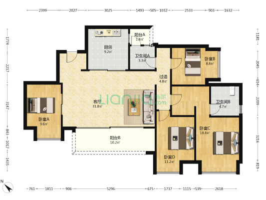 万科金开悦府翠悦 4室1厅2卫 133平方