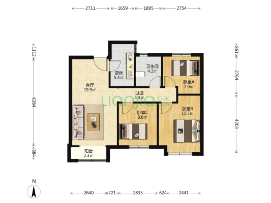 鸿坤理想尔湾 3室1厅 南 北-户型图