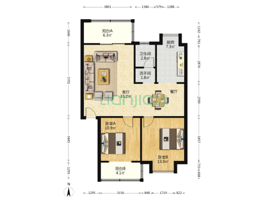 园艺小区 2室1厅2卫 86平方