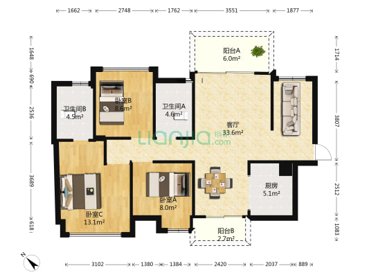 远洋香缇 3室1厅2卫 105平方