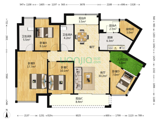 中房观湖国际 4室1厅2卫 137平方