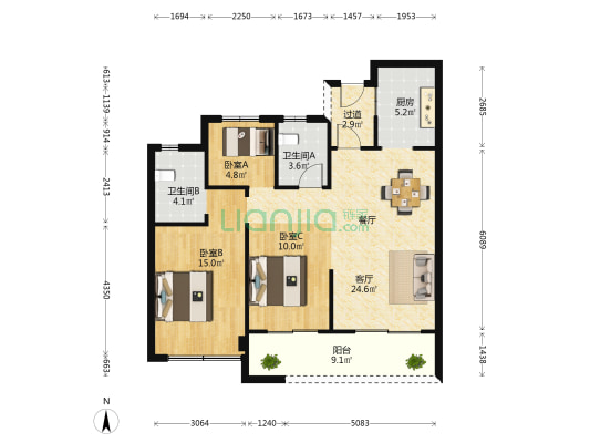 赞园 3室1厅2卫 100平方