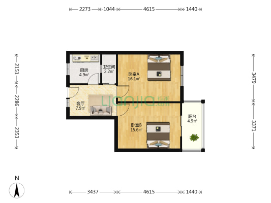 万松园农林局宿舍 2室1厅1卫 67平方