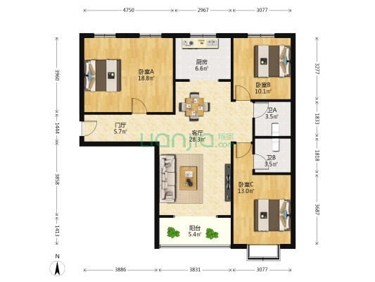 华阳悦府 3室1厅2卫 135平方