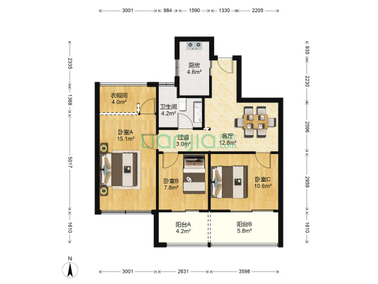 中旅紫金名门 3室1厅1卫 86平方
