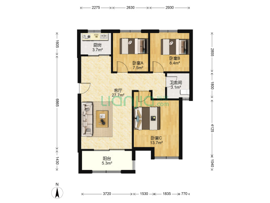 郑报润园一期 3室1厅1卫 91平方