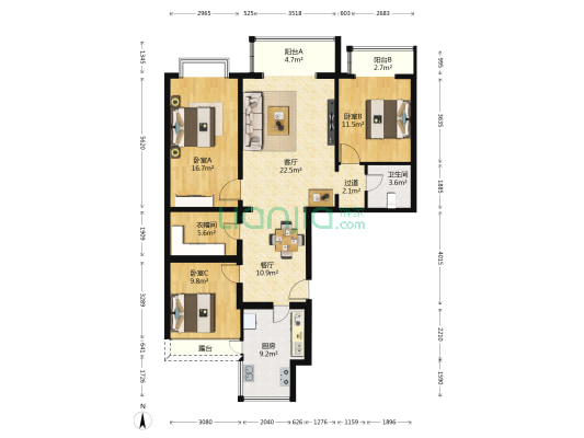 天娇园 3室2厅1卫 96平方