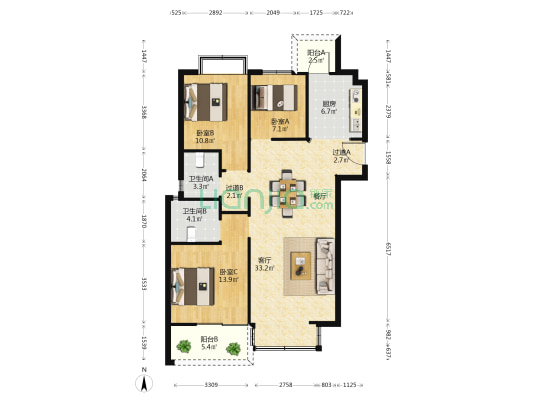 北科建春城大观领秀玉坤苑 3室1厅2卫 117平方