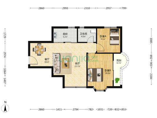 中关苑 2室2厅1卫 70平方