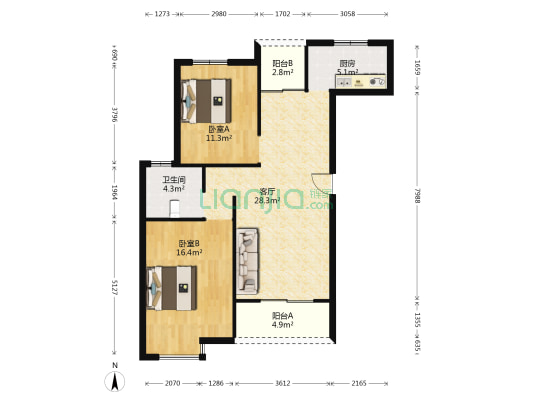 金色庭园 2室1厅1卫 87平方