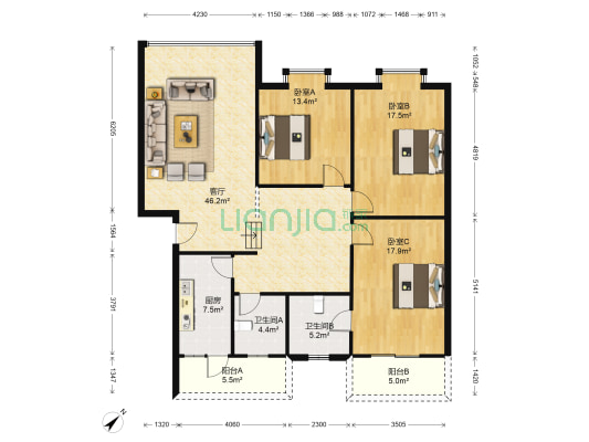圣湖花园 3室1厅2卫 143平方
