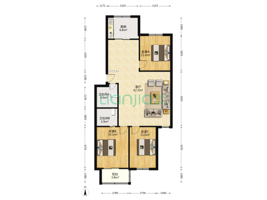 山西省林业调查规划院住宅小区 3室1厅2卫 127平方