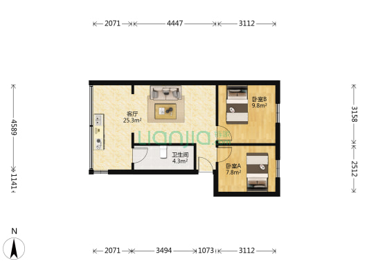 王旗营静园小区 2室1厅1卫 45平方
