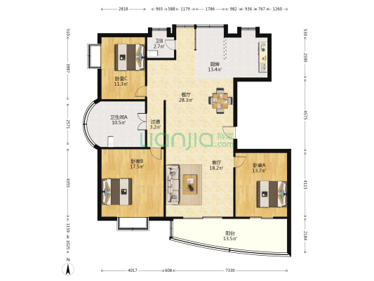 湛园华府 3室2厅2卫 268平方