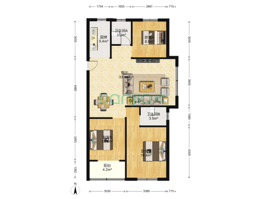 君临华府 3室1厅2卫 128平方
