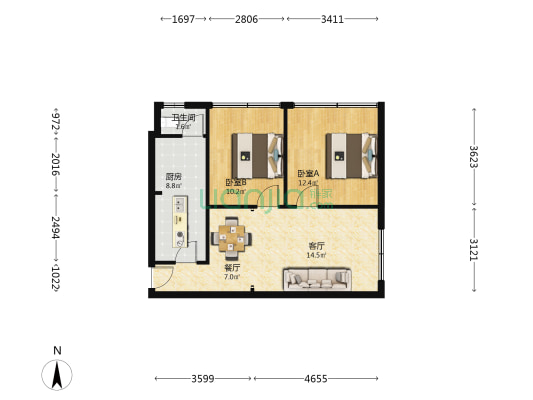保健院宿舍 2室2厅1卫 67平方