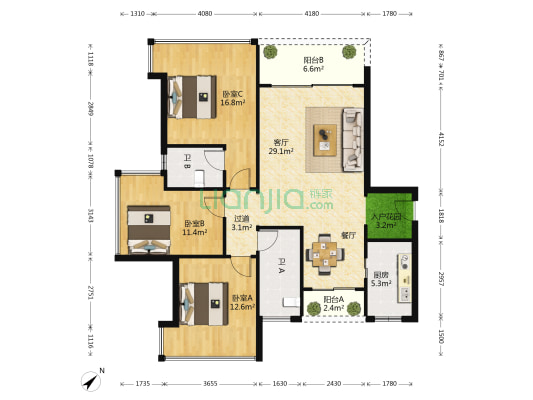 华发首府花园一期 3室1厅2卫 119平方