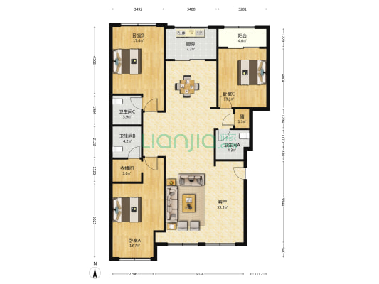 凤栖花苑 3室1厅3卫 168平方