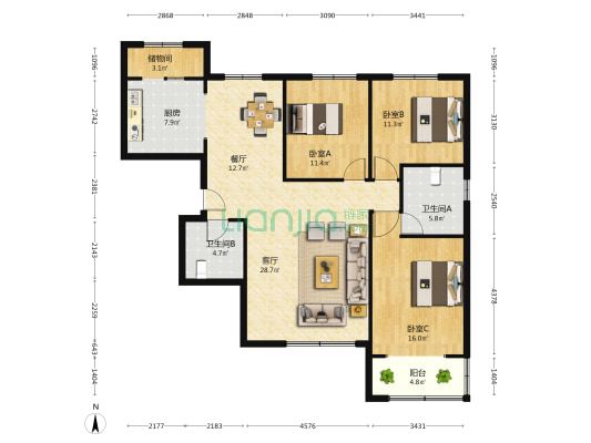 星湖国际花园 3室2厅2卫 134平方
