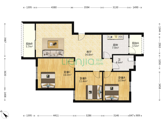 上游槐苑 3室1厅1卫 104平方
