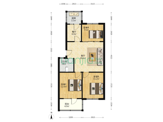 王寨村北宿舍楼 3室2厅1卫 79平方