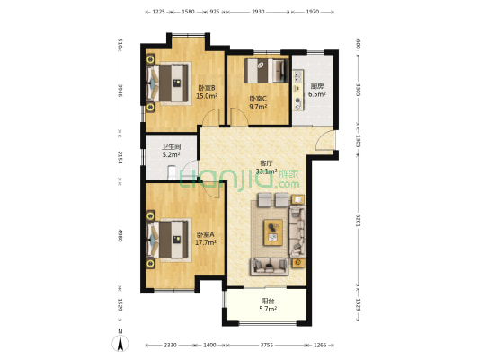 中海世纪公馆 3室1厅1卫 120平方
