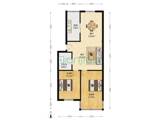 王冠里 2室2厅1卫 89平方