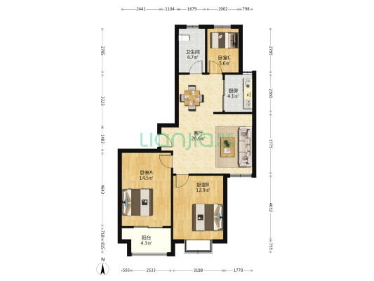 绿洲豪庭 3室1厅1卫 108平方