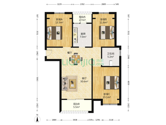 远洋香奈河畔二期 3室1厅1卫 117平方