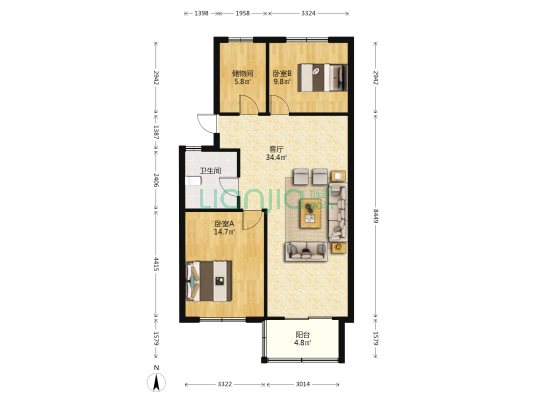 刘琦花园 2室1厅1卫 93平方