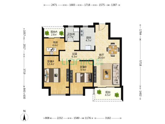 金地中奥九颂都会之光 3室1厅1卫 89平方