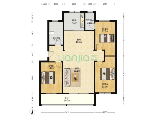 康丽小区 3室2厅2卫 135平方