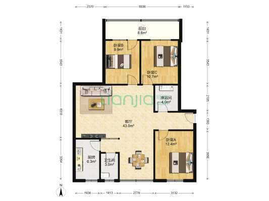 中原小区 3室1厅2卫 121平方