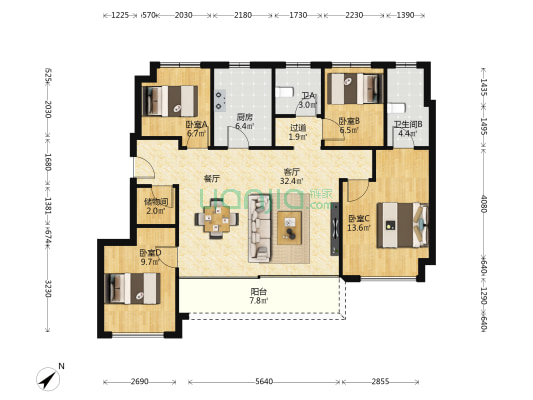 湖心明悦 4室1厅2卫 105平方