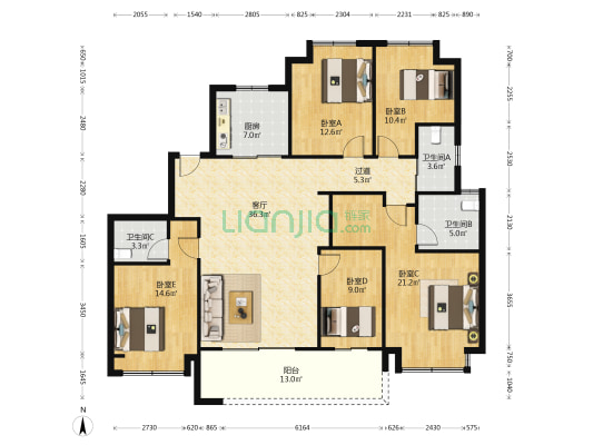 金地中心 5室1厅3卫 174平方