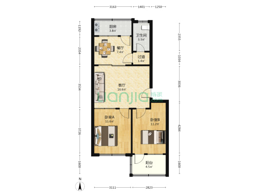 有机化工厂宿舍 2室2厅1卫 72平方