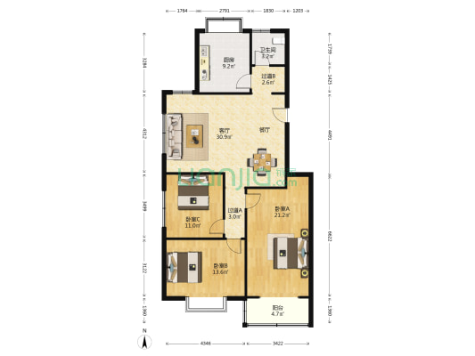 文化路72号院 3室1厅1卫 130平方