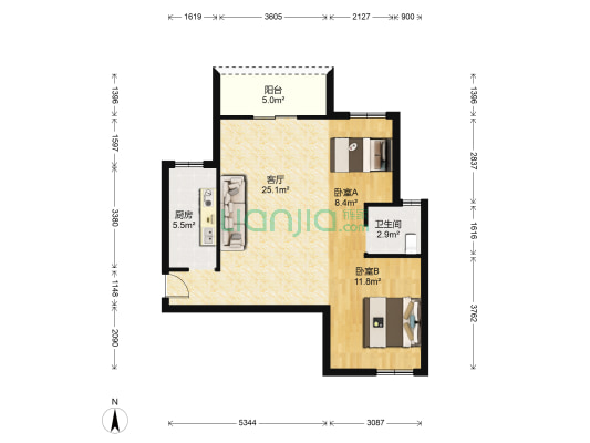 光谷东郡小区 2室1厅1卫 80平方