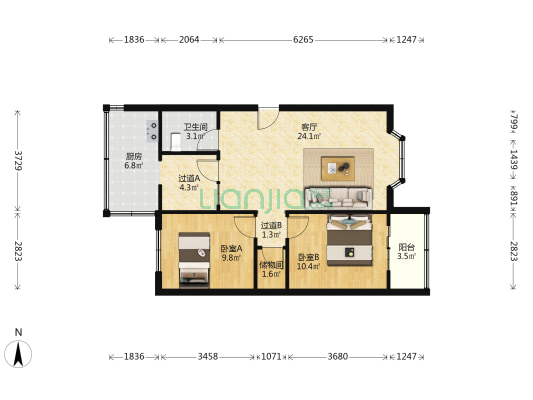 经一路北10号院 2室1厅1卫 76平方