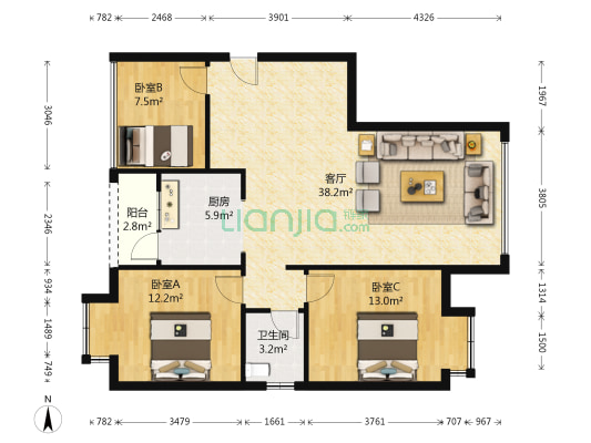 蔡山美地Ⅱ期A区 3室1厅1卫 95平方