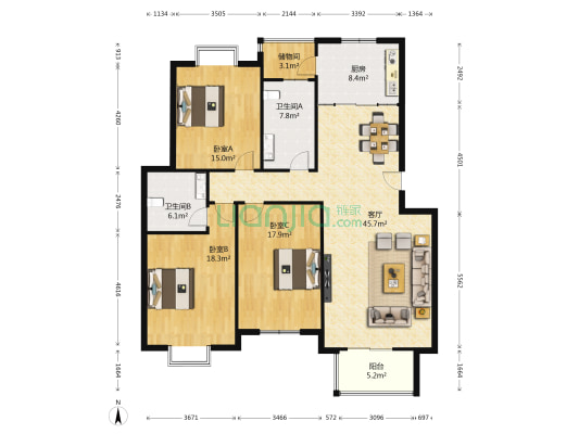 香榭丽苑 3室1厅2卫 151平方
