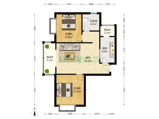 瀛海帝景 2室1厅1卫 93平方