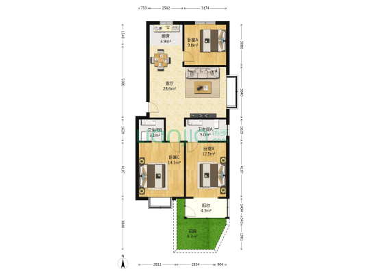 百盛名苑小区 3室1厅2卫 109平方
