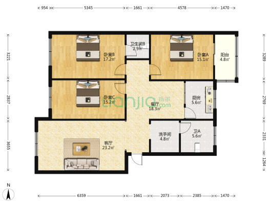 文化公寓 3室2厅3卫 137平方