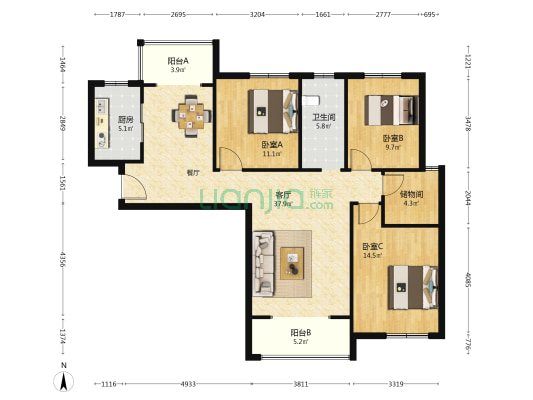 朝正美苑 3室1厅1卫 121平方