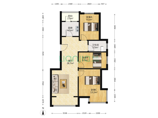 中冶溪湖芳庭 3室1厅1卫 92平方