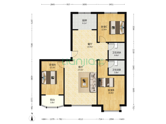 此房南北通透格局  房主诚心出售 交通便利。-户型图