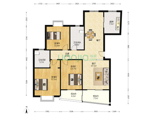 万振逍遥苑三期 3室1厅2卫 148平方