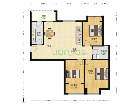 国联.南惠佳园 3室1厅1卫 116平方